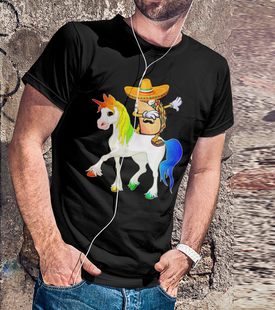 Dabbing Taco Sombrero With Mustache Riding Colorful Unicorn Fun T-Shirt