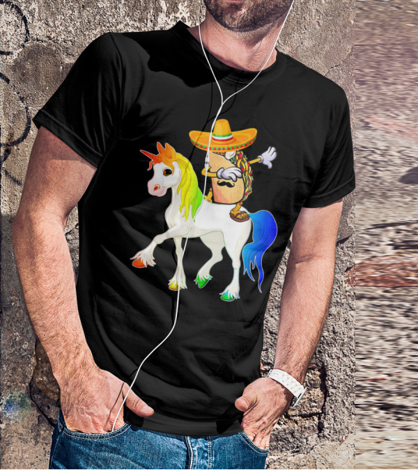Dabbing Taco Sombrero With Mustache Riding Colorful Unicorn Fun T-Shirt