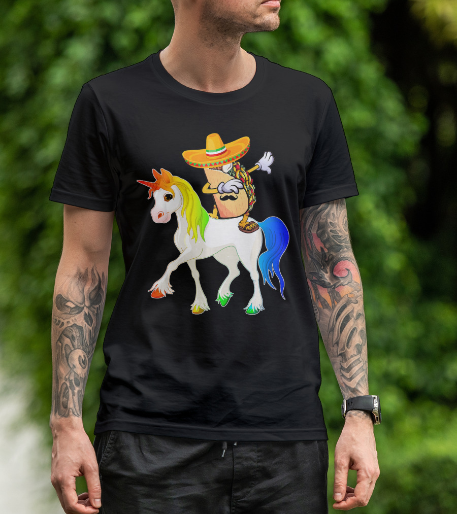 Dabbing Taco Sombrero With Mustache Riding Colorful Unicorn Fun T-Shirt