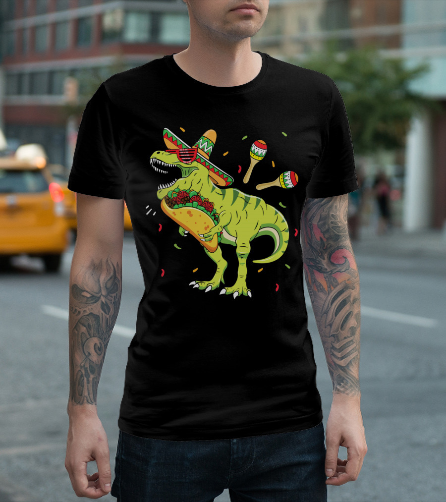 Cinco De Mayo T Rex with Sombrero Maracas and Taco T-Shirt