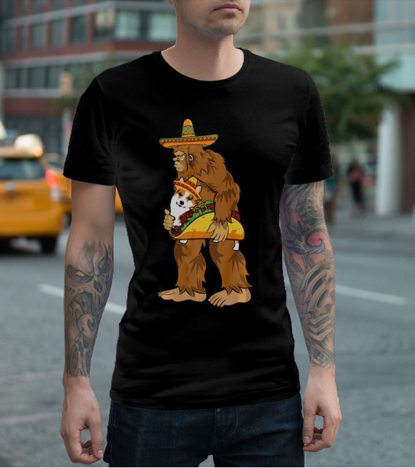 Bigfoot Sombrero Carry Corgi Taco Cinco De Mayo Humor T-Shirt