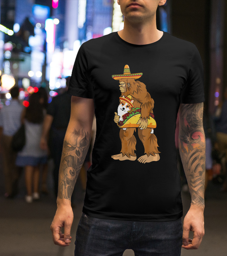Bigfoot Sombrero Carry Corgi Taco Cinco De Mayo Humor T-Shirt