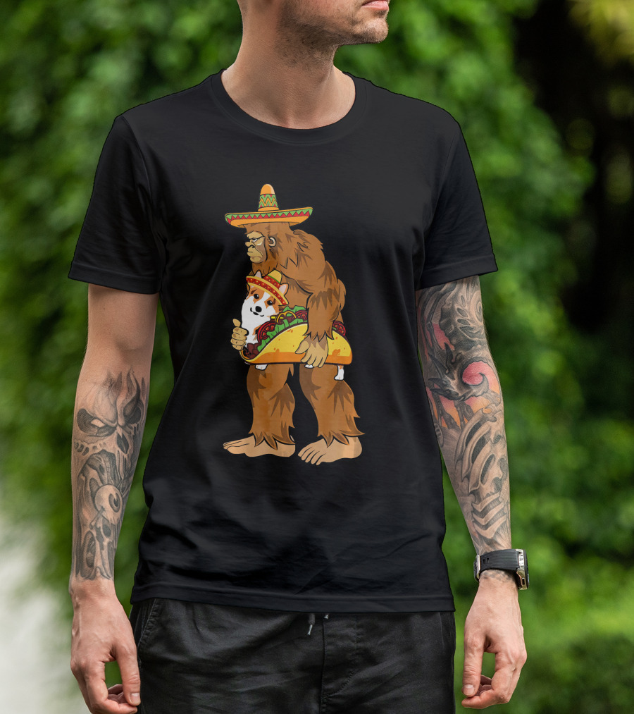 Bigfoot Sombrero Carry Corgi Taco Cinco De Mayo Humor T-Shirt