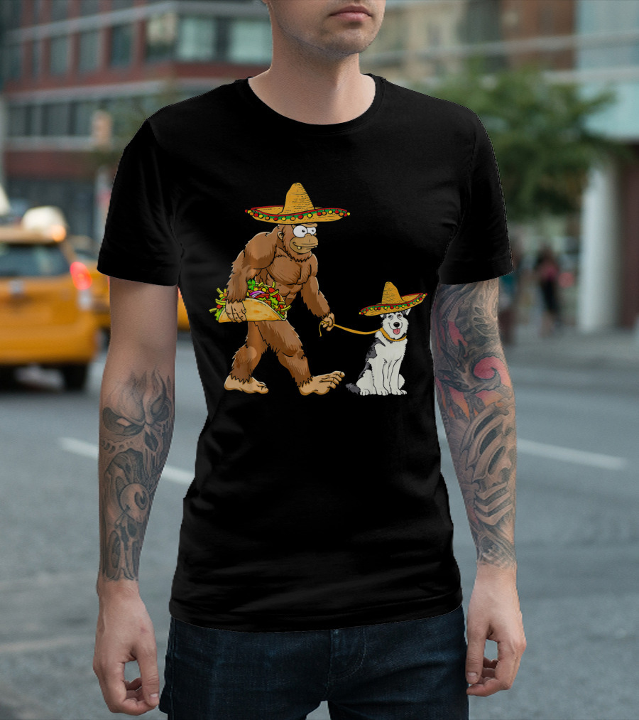 Bigfoot Husky Dog Taco Sombrero Cinco de Mayo T-Shirt
