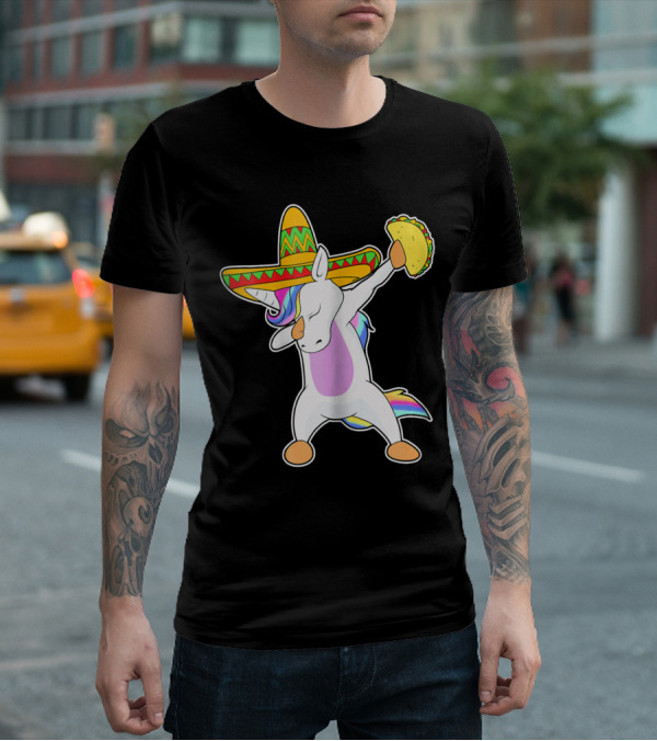 Funny Dabbing Unicorn With Taco And Sombrero Leveraging Cinco De Mayo Celebrations T-Shirt