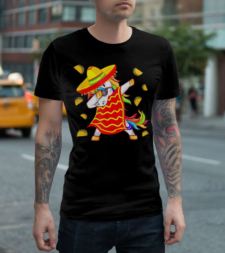 Unicorn Dabbing In Mexican Poncho With Sombrero Surrounded By Tacos T-Shirt
