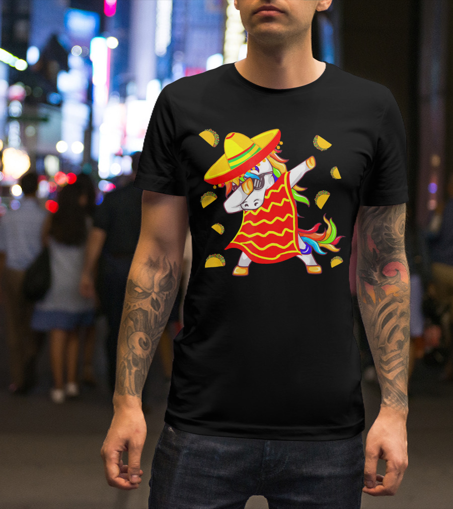 Unicorn Dabbing In Mexican Poncho With Sombrero Surrounded By Tacos T-Shirt