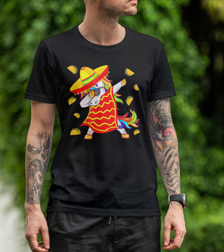 Unicorn Dabbing In Mexican Poncho With Sombrero Surrounded By Tacos T-Shirt