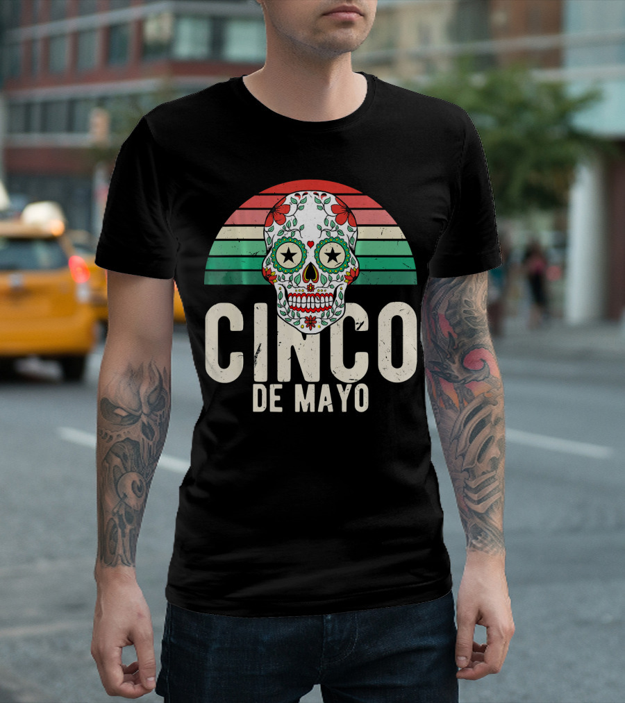 Cinco De Mayo Sugar Skull Retro Stripes T-Shirt