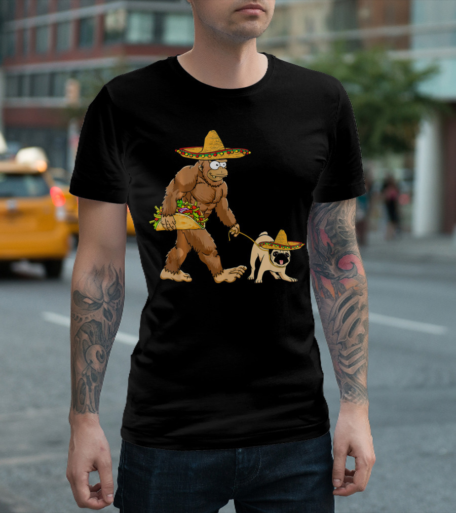 Bigfoot Sombrero Taco Pug Dog Cinco De Mayo T-Shirt
