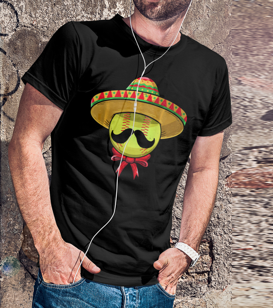 Cinco De Mayo Mexican Sombrero Softball Mustache Red Bow T-Shirt