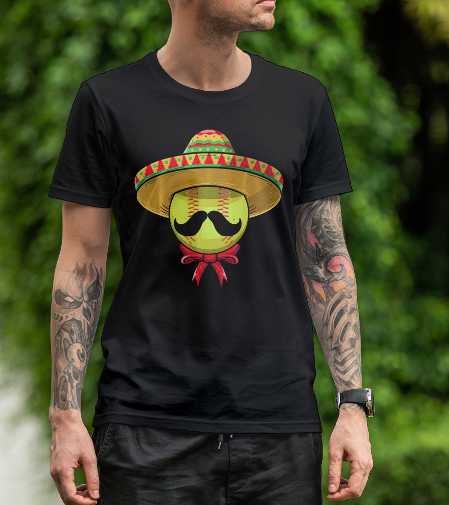 Cinco De Mayo Mexican Sombrero Softball Mustache Red Bow T-Shirt