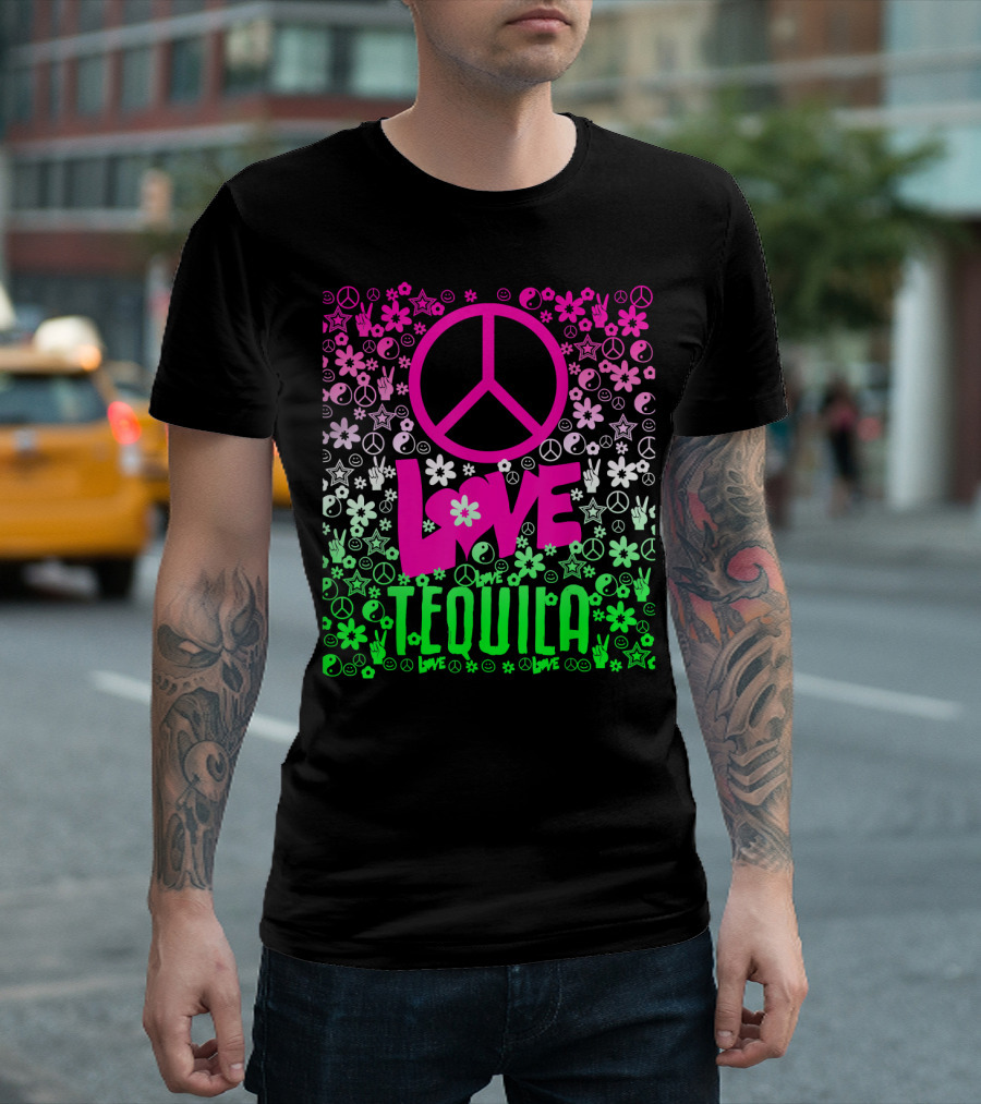 Peace Love Tequila Hippie Style Cinco De Mayo Festive Symbols Icons T-Shirt