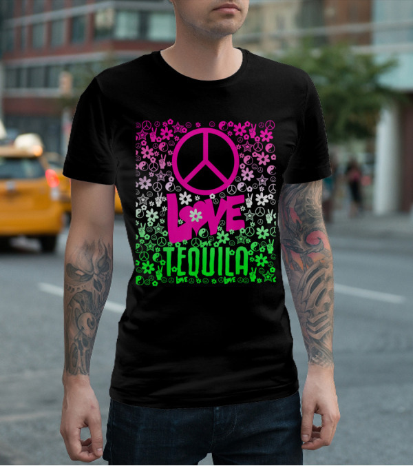 Peace Love Tequila Hippie Style Cinco De Mayo Festive Symbols Icons T-Shirt