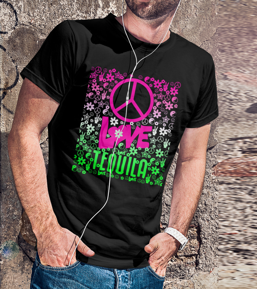 Peace Love Tequila Hippie Style Cinco De Mayo Festive Symbols Icons T-Shirt