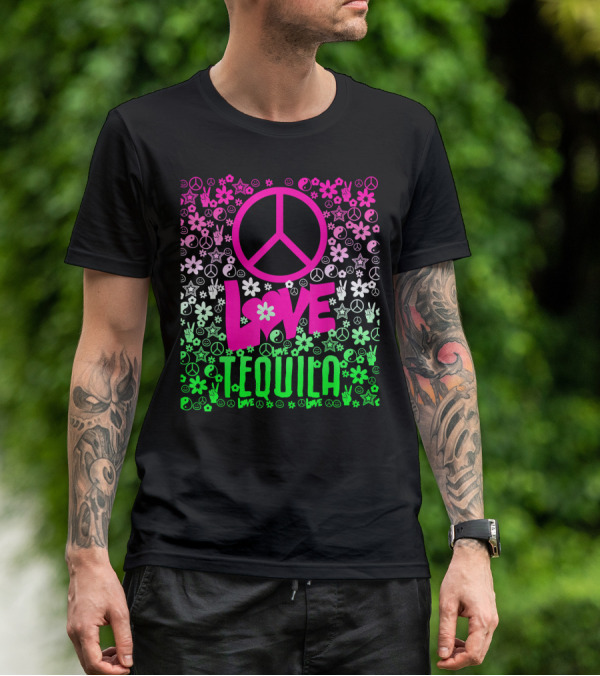 Peace Love Tequila Hippie Style Cinco De Mayo Festive Symbols Icons T-Shirt