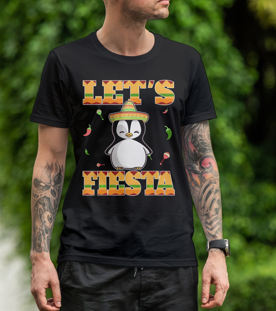 Let's Fiesta Penguin Cinco De Mayo Mexica Sombrero Maracas Chili Peppers T-Shirt
