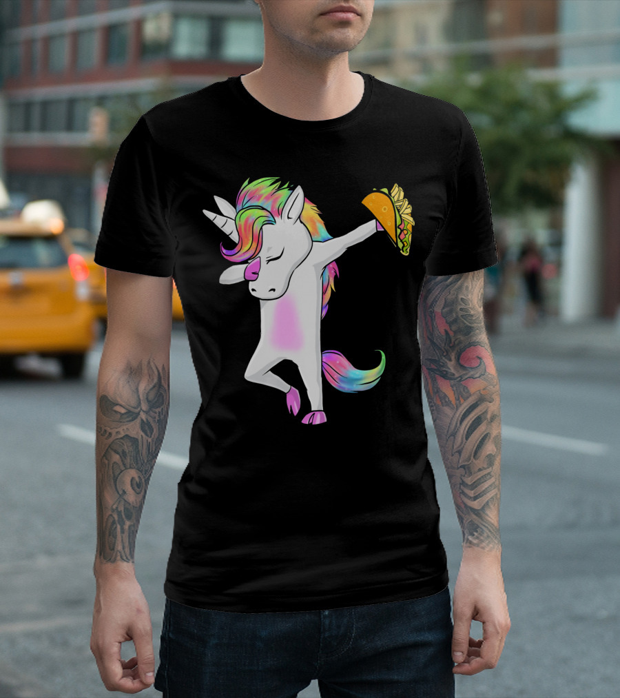 Unicorn Dabbing With Rainbow Mane Holding Tacos T-Shirt