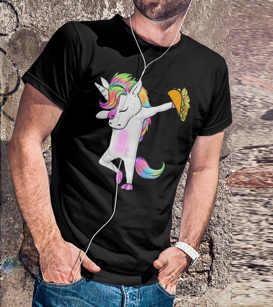 Unicorn Dabbing With Rainbow Mane Holding Tacos T-Shirt