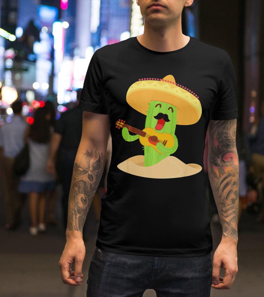 Happy Cinco De Mayo Cactus Guitarist With Sombrero T-Shirt