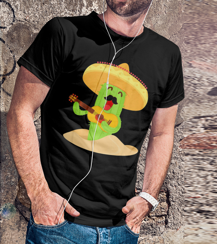 Happy Cinco De Mayo Cactus Guitarist With Sombrero T-Shirt