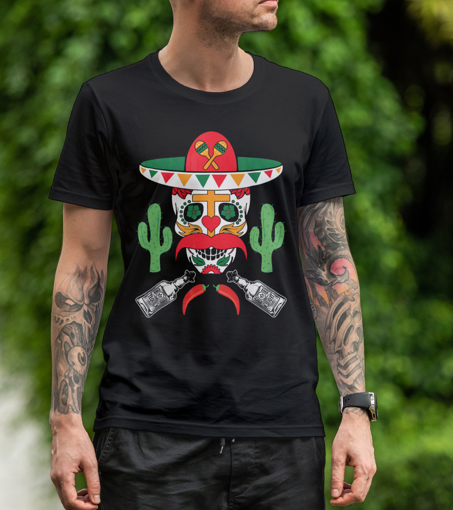 Cinco De Mayo Sugar Skull Sombrero Cactus With Tequila And Peppers T-Shirt