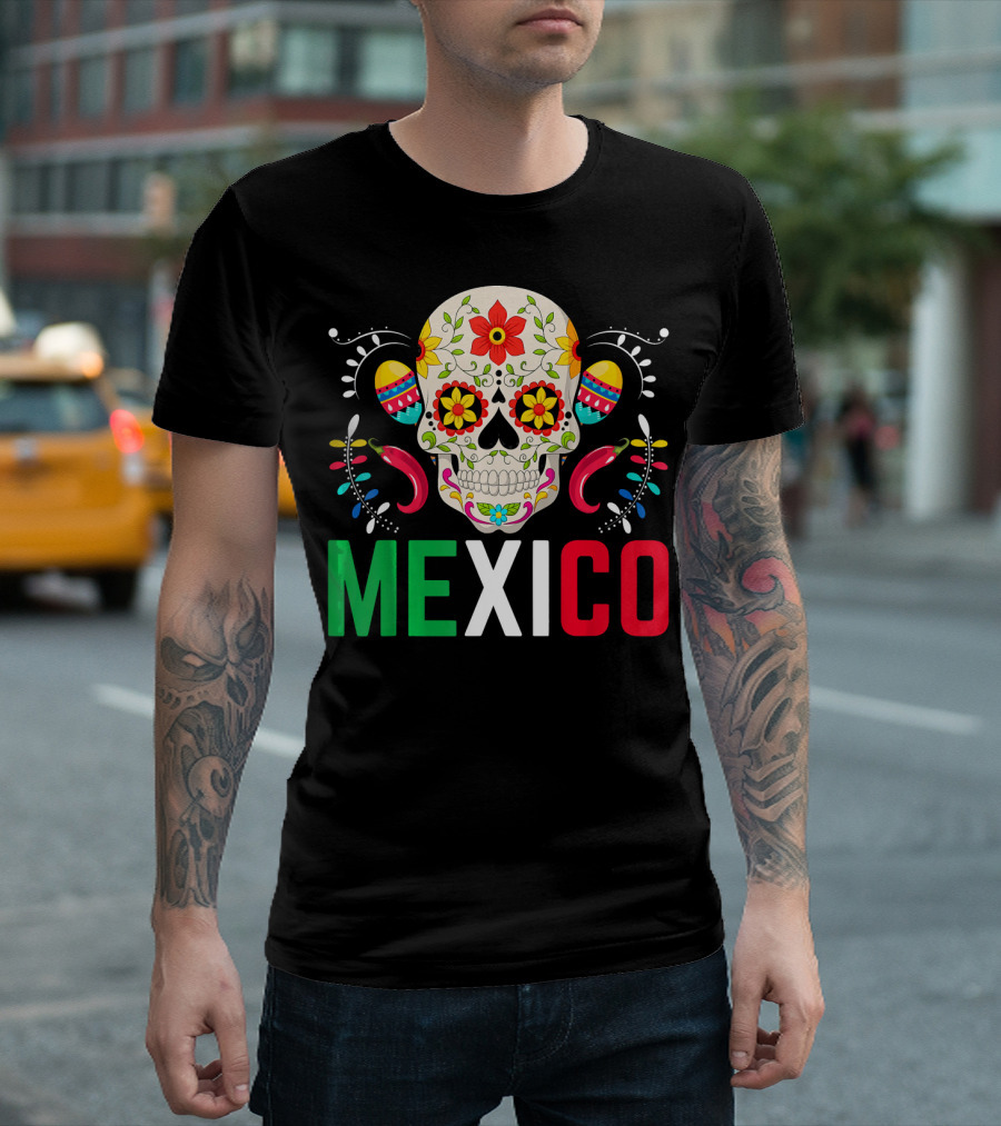 Colorful Cinco De Mayo Mexico Sugar Skull Design With Decorative Elements T-Shirt