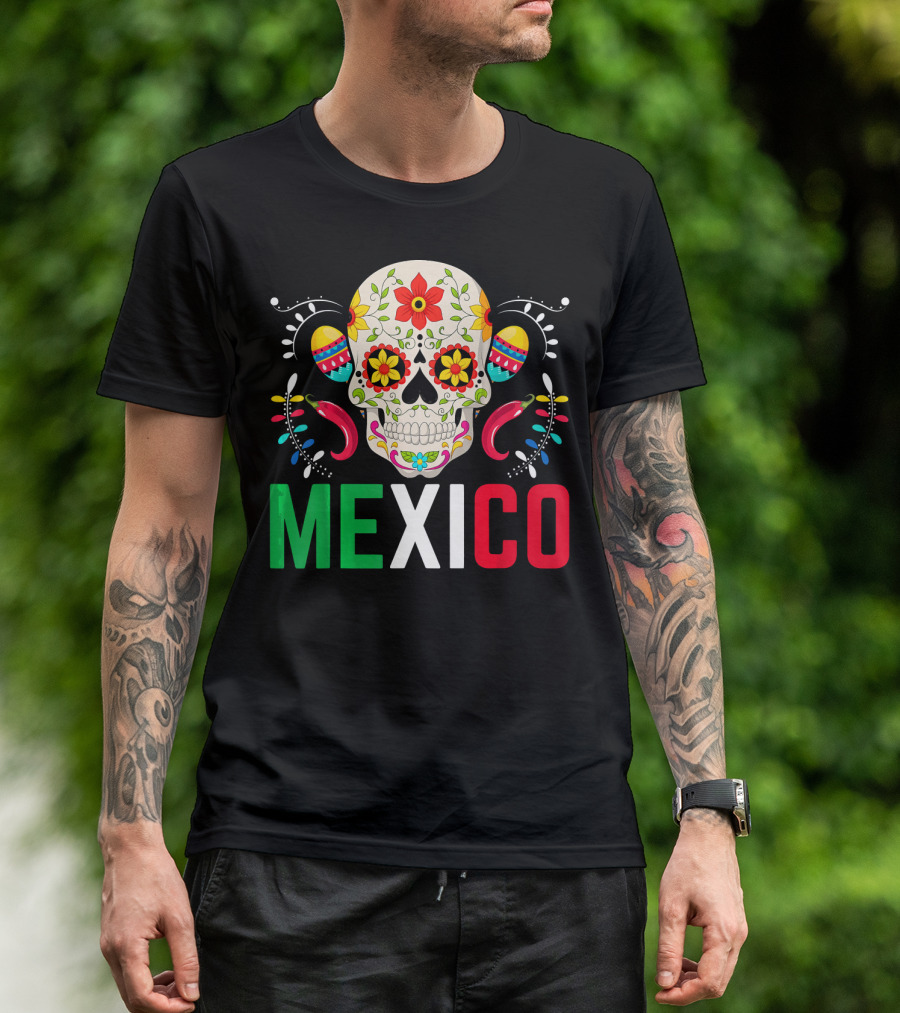 Colorful Cinco De Mayo Mexico Sugar Skull Design With Decorative Elements T-Shirt