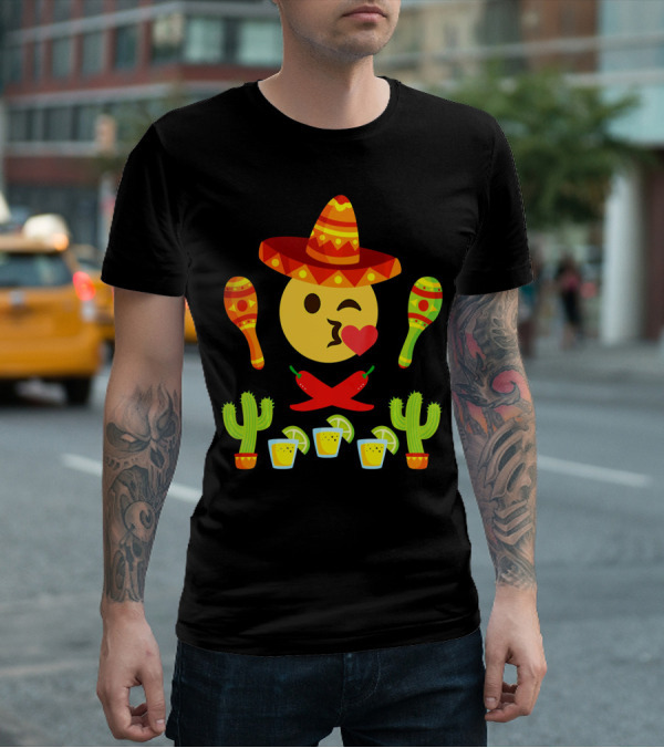 Kiss Emoji Cinco De Mayo Sombrero Maracas Cactus Peppers Margaritas T-Shirt