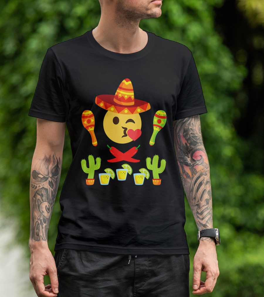 Kiss Emoji Cinco De Mayo Sombrero Maracas Cactus Peppers Margaritas T-Shirt