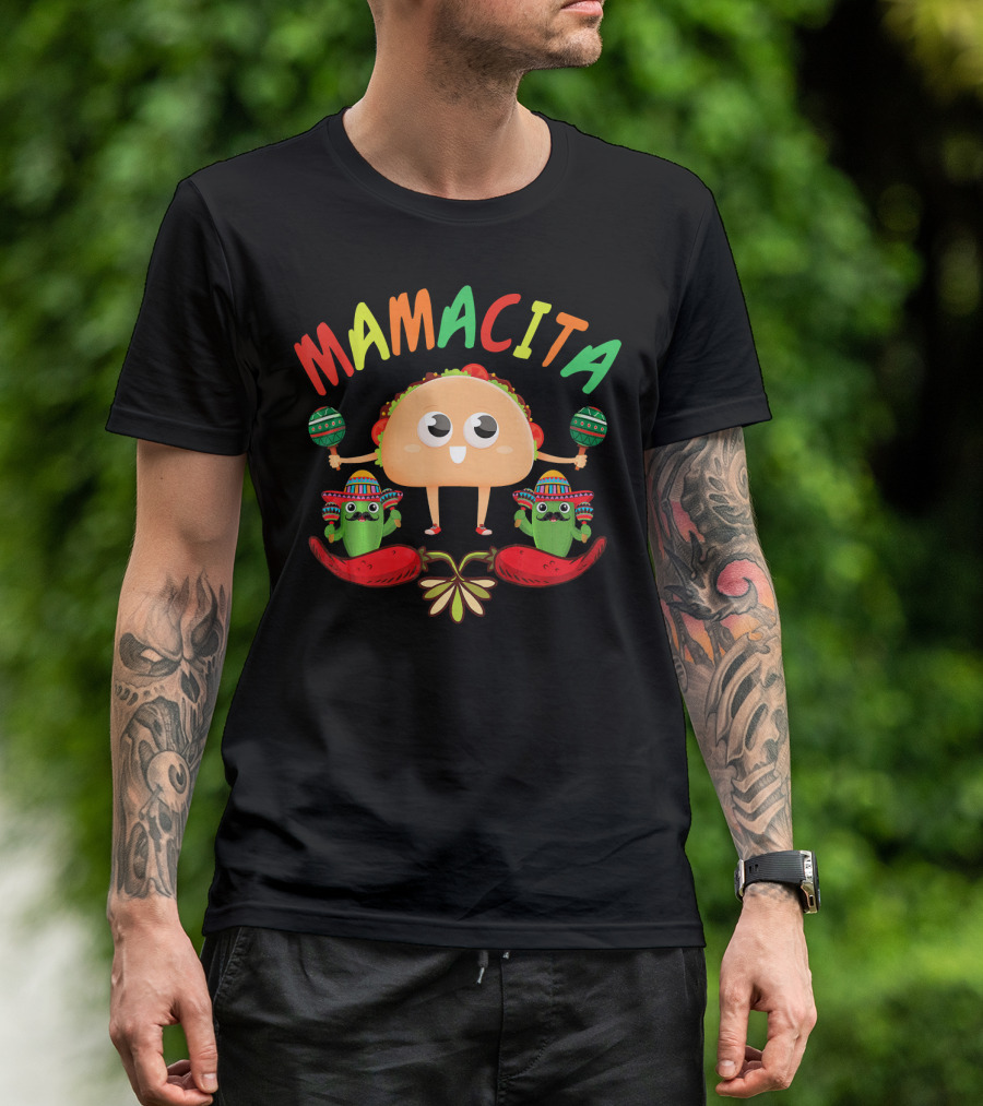 Mamacita Taco And Cactus Fiesta With Maracas And Sombrero T-Shirt