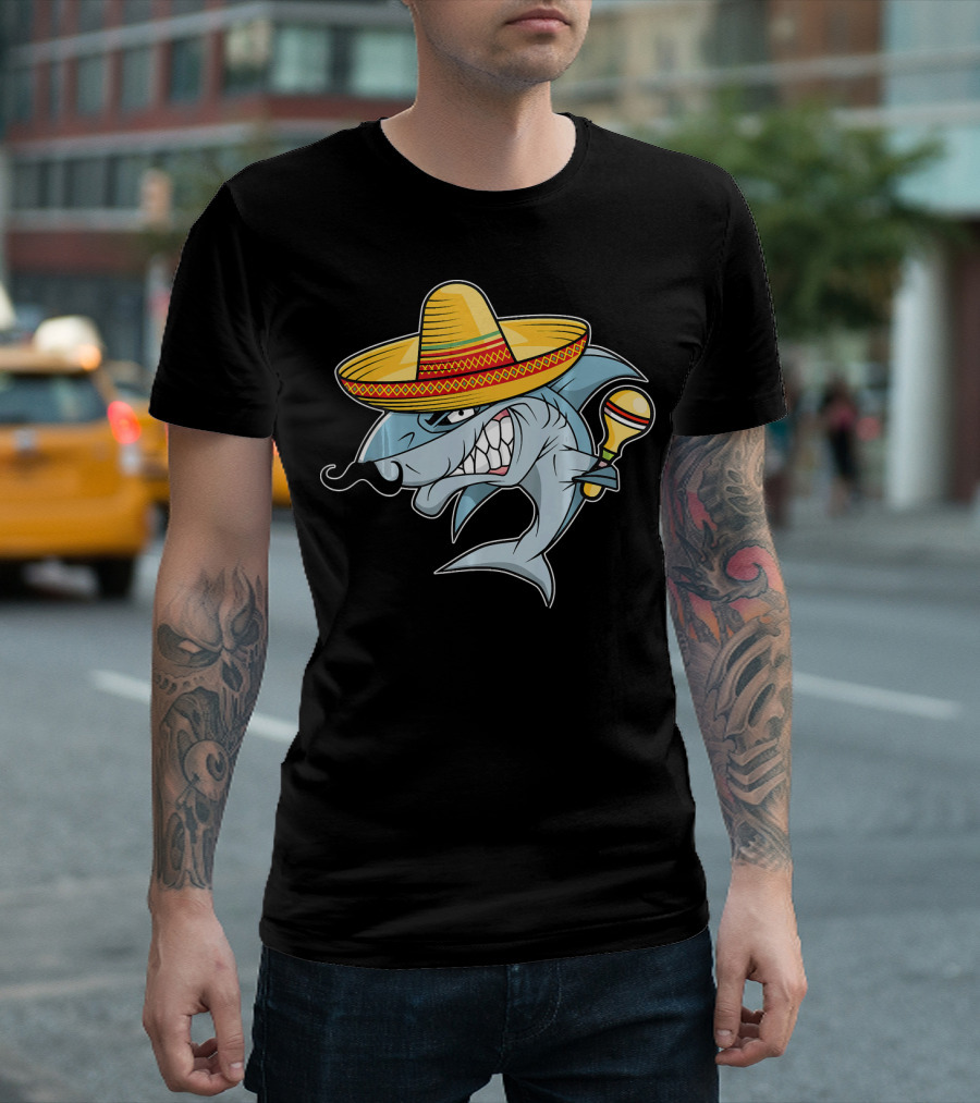 Cinco De Mayo Shark Wearing Sombrero with Maraca Mexican Fiesta T-Shirt
