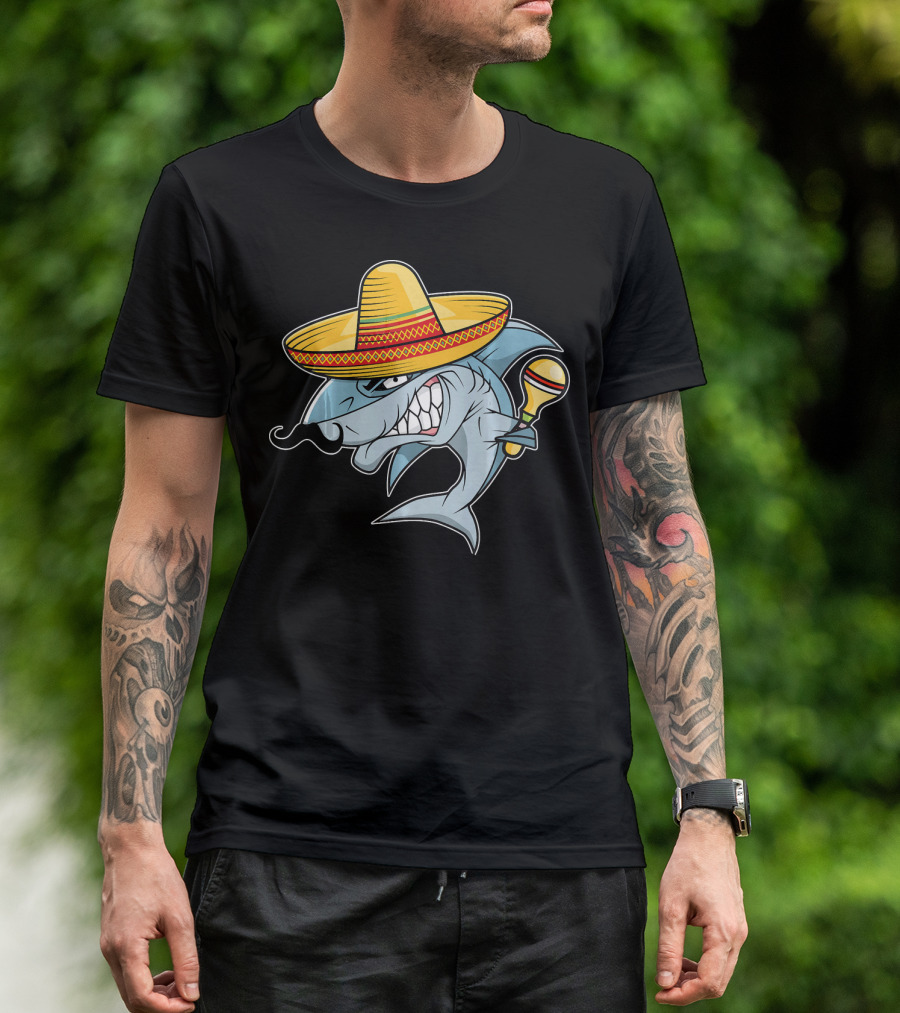 Cinco De Mayo Shark Wearing Sombrero With Maraca Mexican Fiesta T-Shirt