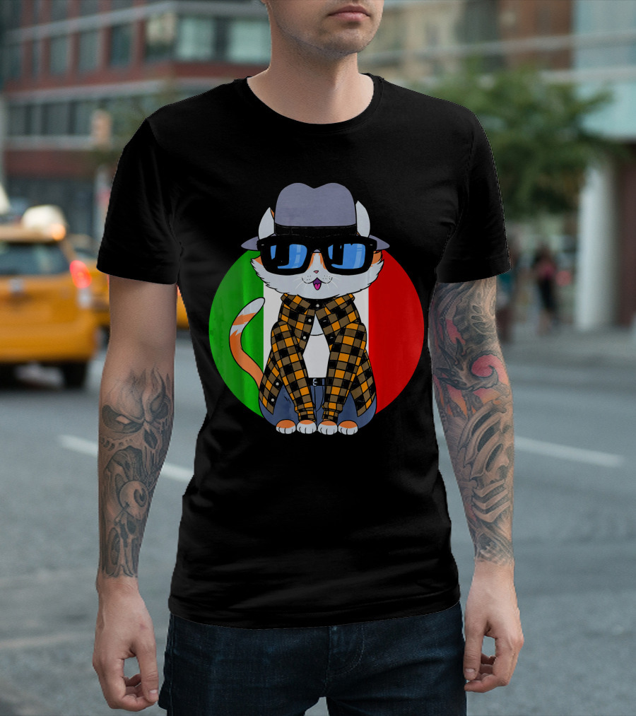 Cinco De Mayo Mexican Kitty Cat with Sunglasses and Plaid Shirt in Front of Tricolor Circle T-Shirt