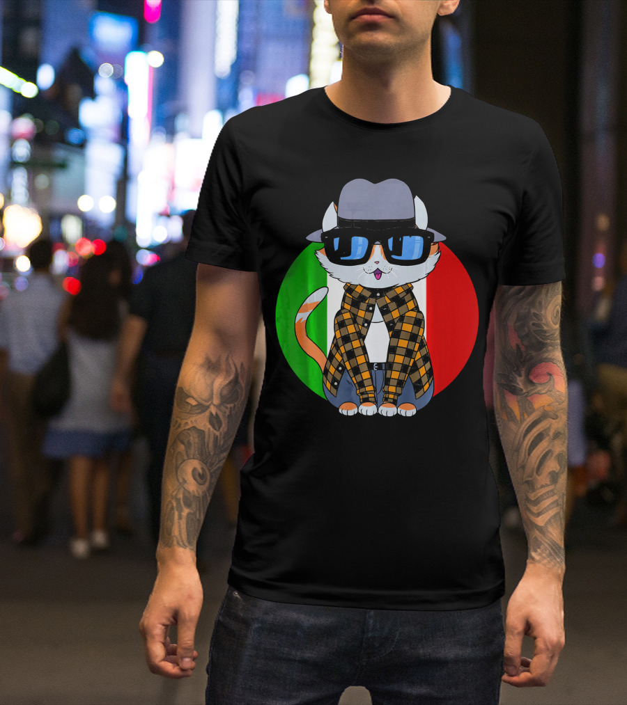 Cinco De Mayo Mexican Kitty Cat With Sunglasses And Plaid Shirt In Front Of Tricolor Circle T-Shirt