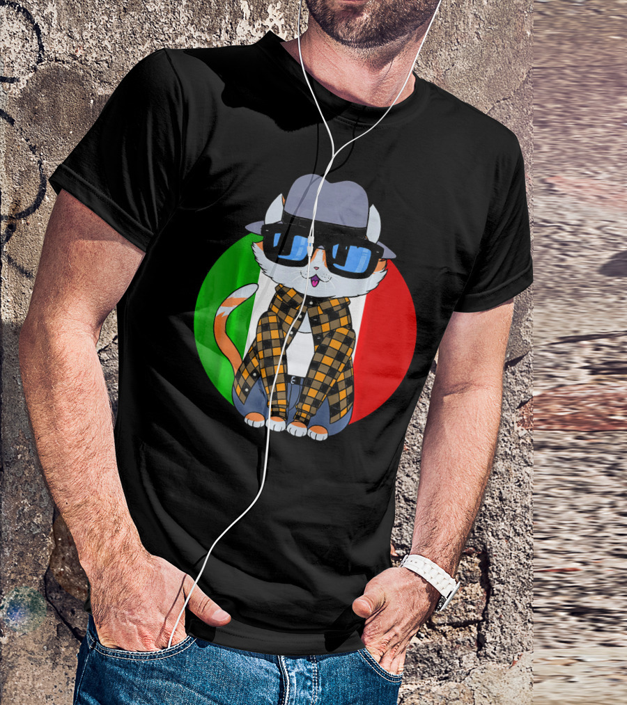 Cinco De Mayo Mexican Kitty Cat With Sunglasses And Plaid Shirt In Front Of Tricolor Circle T-Shirt