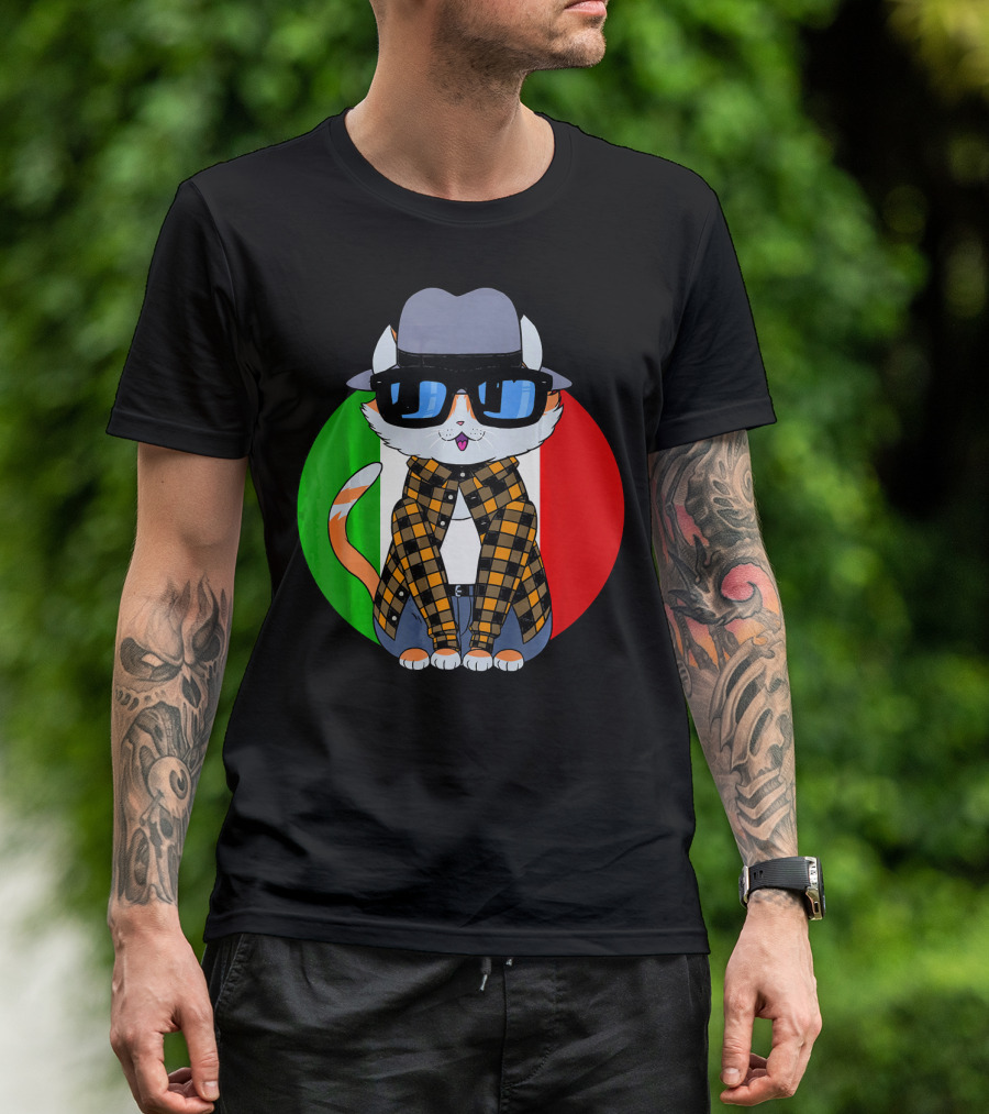 Cinco De Mayo Mexican Kitty Cat With Sunglasses And Plaid Shirt In Front Of Tricolor Circle T-Shirt