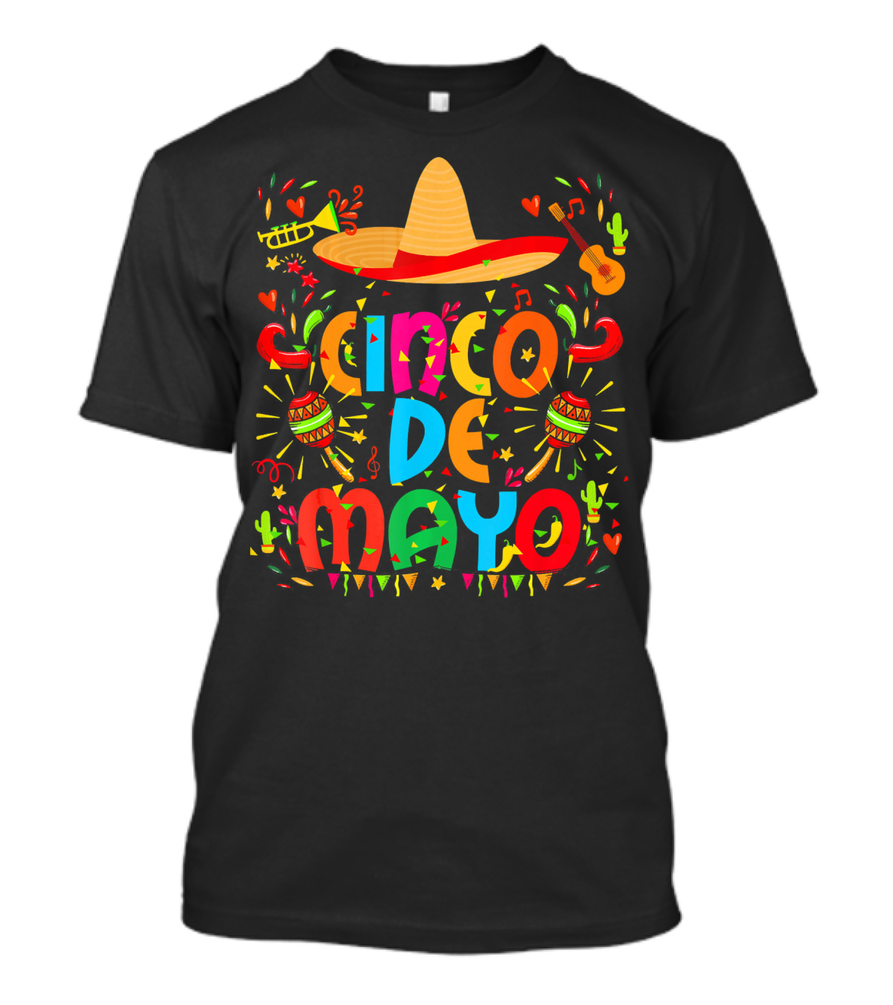 Cinco De Mayo Sombrero Trumpet Guitar Maracas Cactus T-Shirt