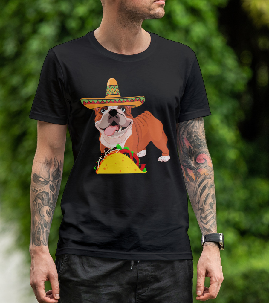 Funny Cinco De Mayo Bulldog Wear Sombrero Taco Fiesta T-Shirt
