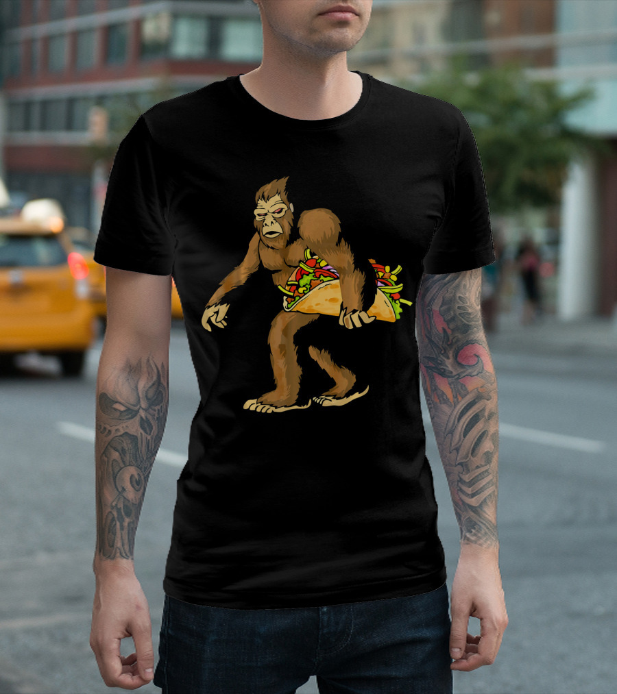 Mexican Taco Fiesta Party Bigfoot Holding Giant Taco T-Shirt