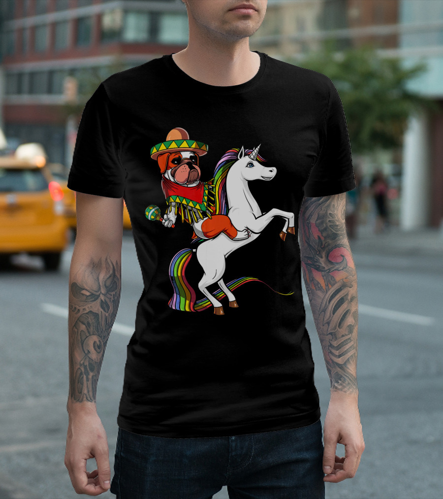 English Bulldog Riding Unicorn Cinco de Mayo Fiesta Hat and Maracas T-Shirt