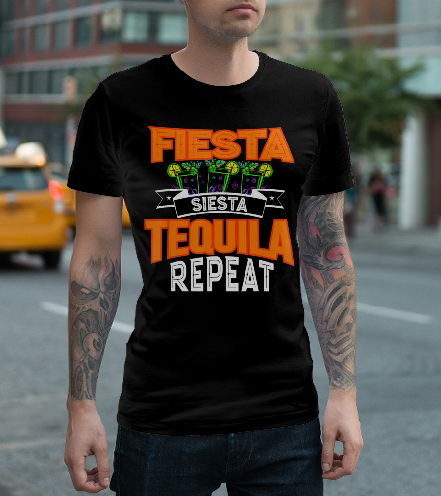 Fiesta Siesta Tequila Repeat Drinker Cin Colorful Margarita Glasses Lime Party T-Shirt