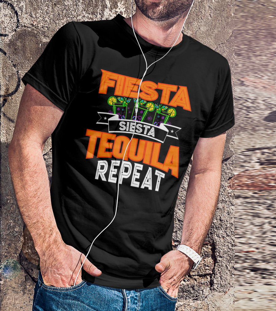 Fiesta Siesta Tequila Repeat Drinker Cin Colorful Margarita Glasses Lime Party T-Shirt