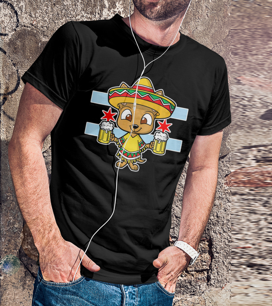 Cinco De Mayo Chicago Chihuahua Sombrero Poncho Beer Stars T-Shirt