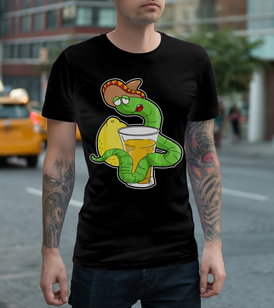 Funny Drunk Tequila Worm with Shot and Lemon Party Vibes T-Shirt