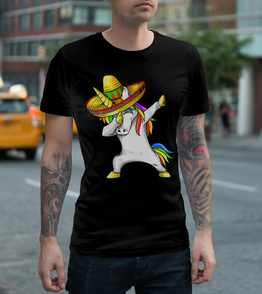 Dabbing Cinco De Mayo Unicorn With Sombrero and Rainbow Mane T-Shirt