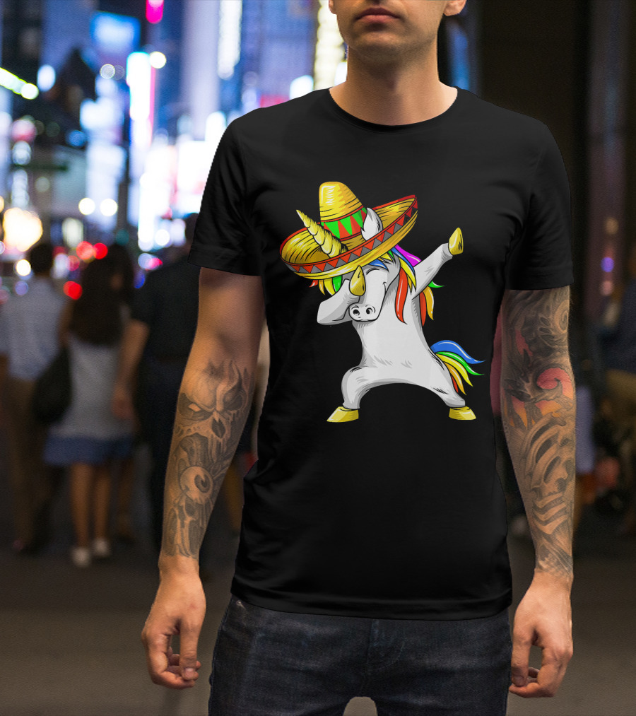 Dabbing Cinco De Mayo Unicorn With Sombrero And Rainbow Mane T-Shirt