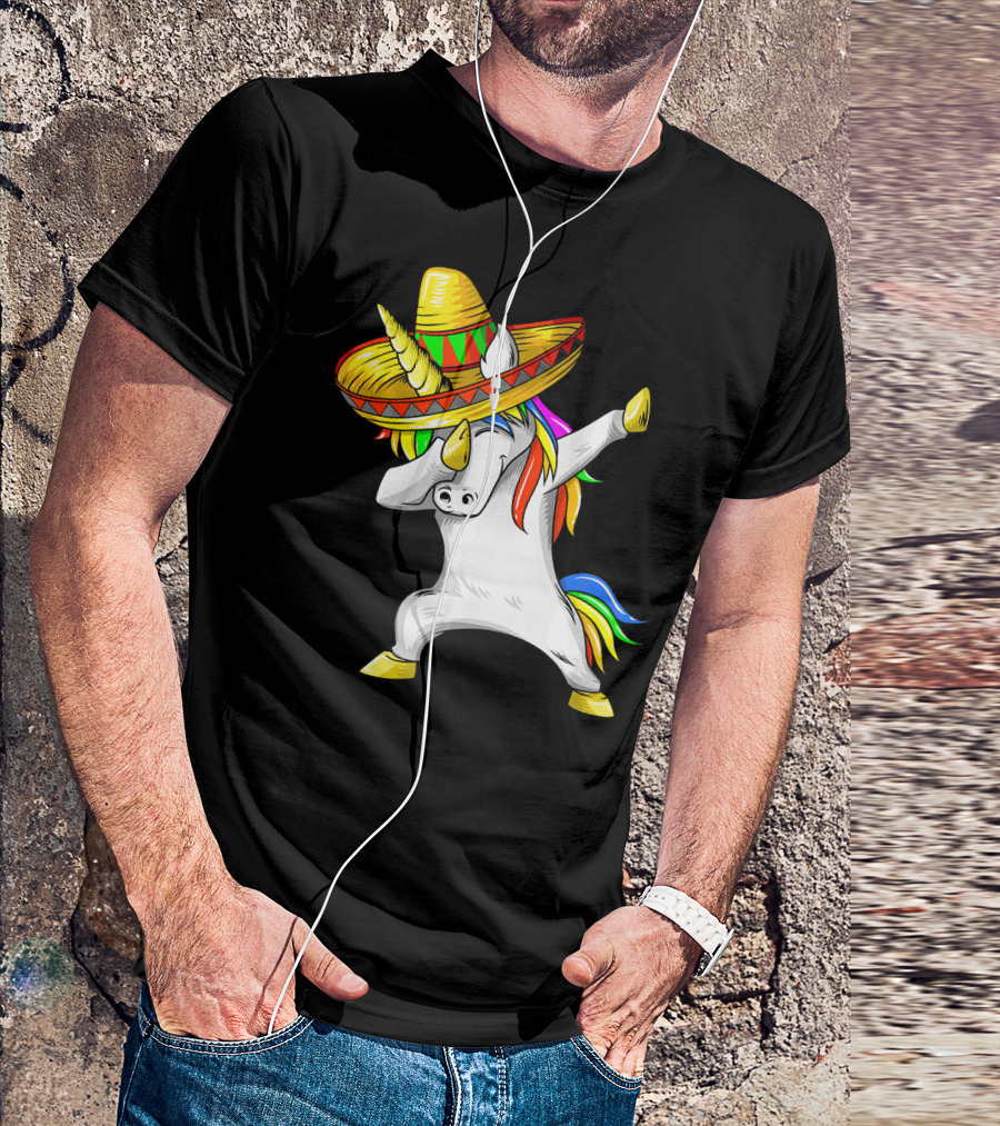 Dabbing Cinco De Mayo Unicorn With Sombrero And Rainbow Mane T-Shirt
