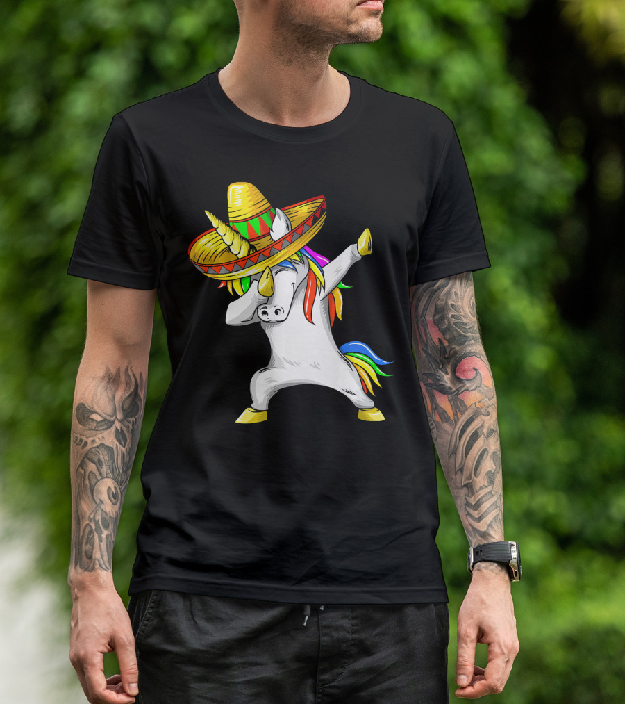 Dabbing Cinco De Mayo Unicorn With Sombrero And Rainbow Mane T-Shirt
