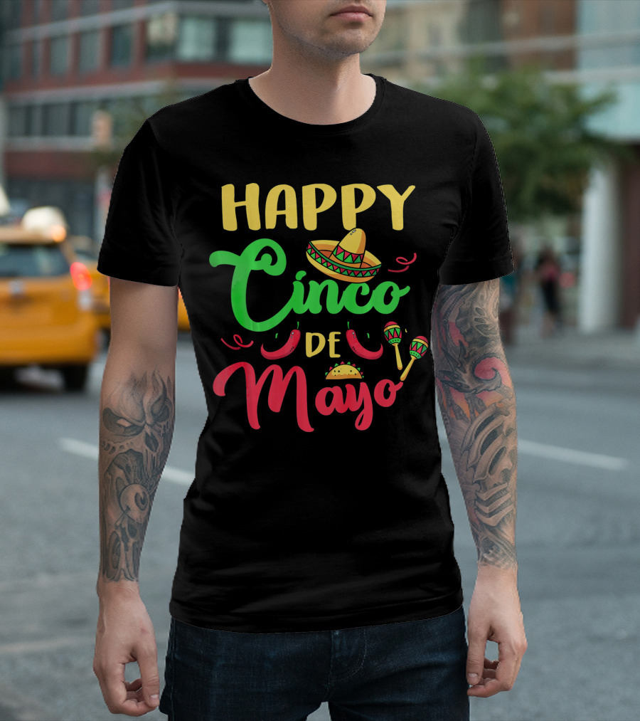 Happy Cinco De Mayo Sombrero Taco Maracas Peppers T-Shirt